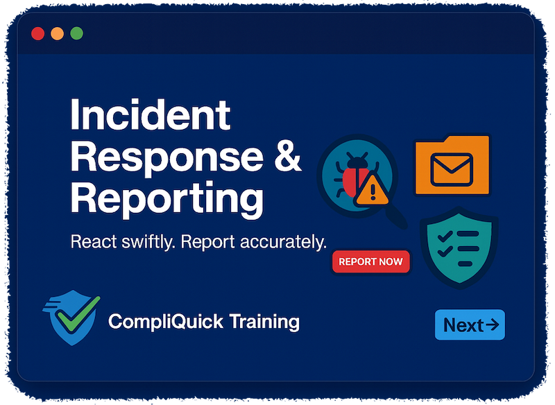 CompliQuick security training interface showing incident response quiz