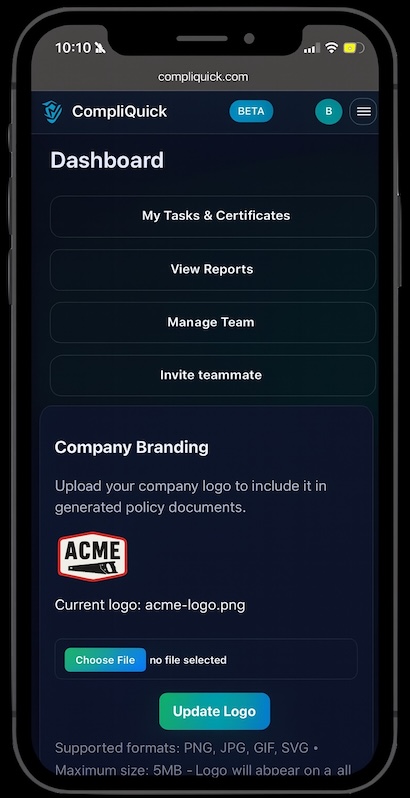 CompliQuick mobile dashboard showing security compliance tools on smartphone